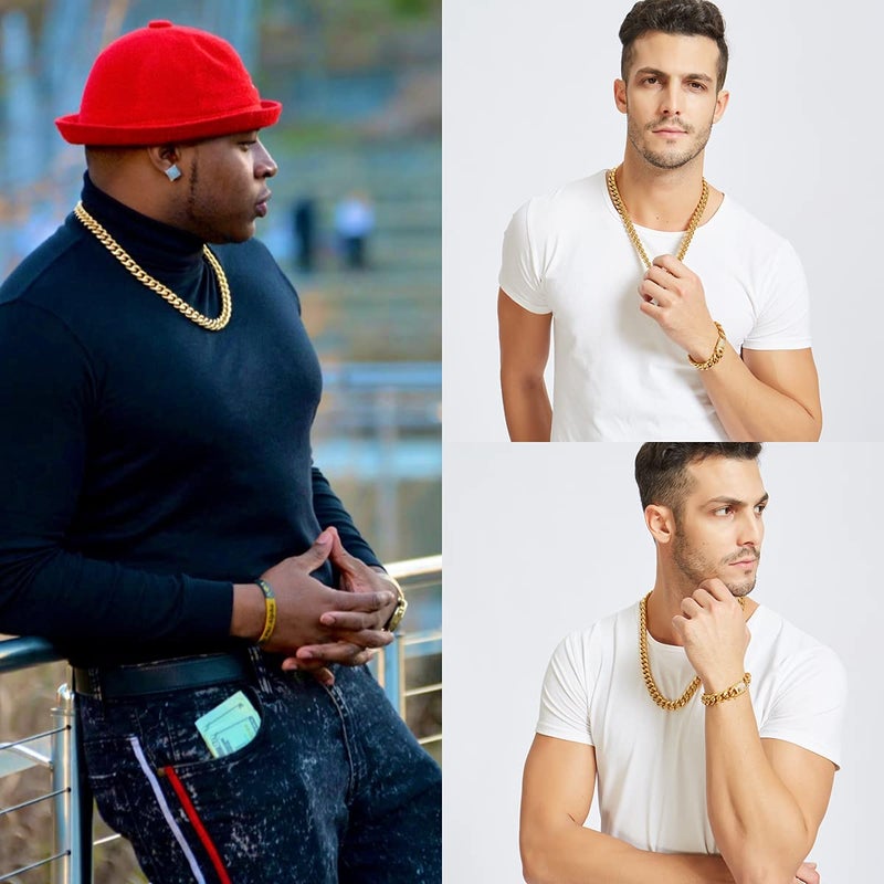 Jxlepe Mens Miami Cuban Link Chain 18K Gold 15mm Stainless Steel Curb Necklace with cz Diamond Chain Choker (20, Necklace) - Image 3