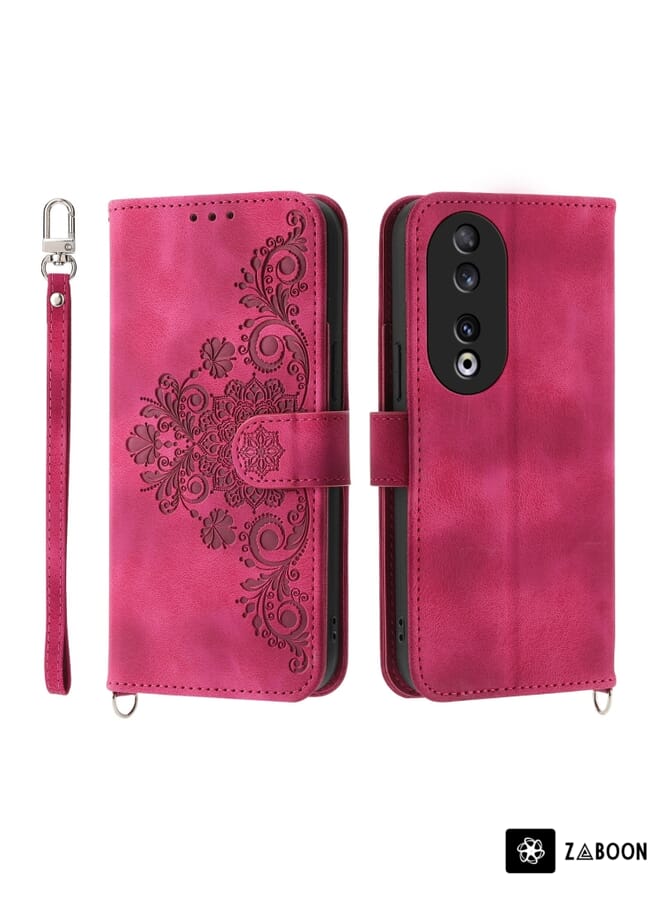 Zaboon Protective Case For Honor 90 5G Skin-feel Flowers Embossed Wallet Leather - Image 1