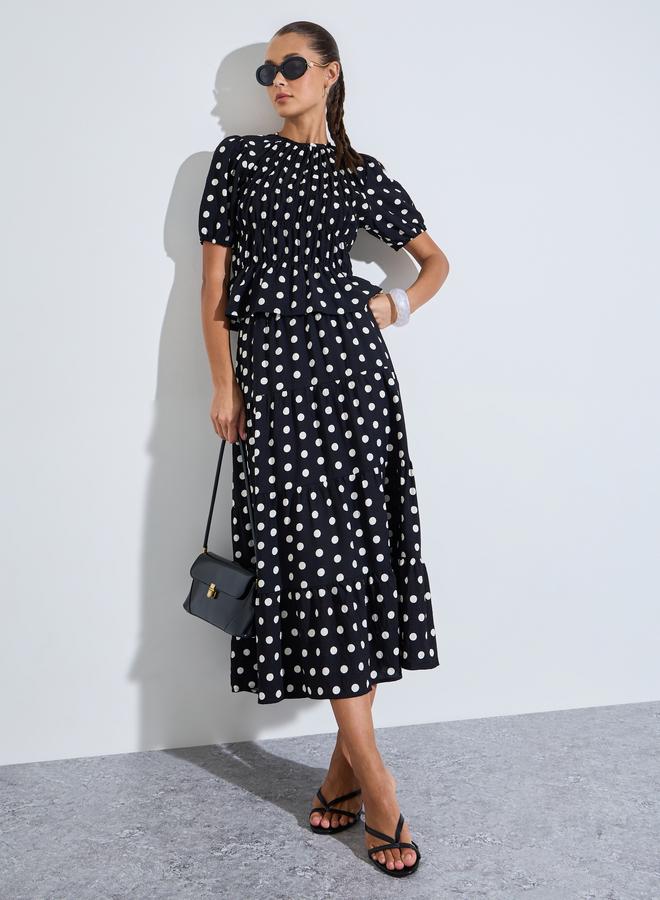 Styli Black Polka Dot Tiered A-Line Midi Skirt - Image 2
