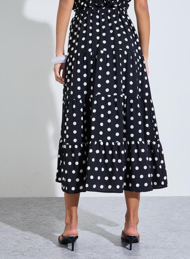 Styli Black Polka Dot Tiered A-Line Midi Skirt - Image 4