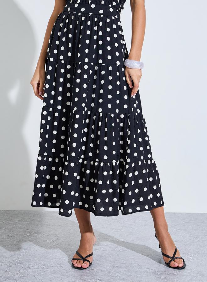 Styli Black Polka Dot Tiered A-Line Midi Skirt - Image 1