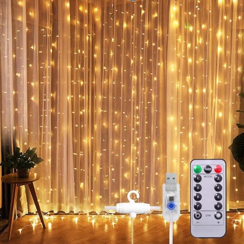 fizzytech Plastic Fairy Curtain String Lights for Wall Decoration, Warm White USB Powered 300 LED's, 8 Flashing Modes, Window Backdrop Strip Lights for Bedroom, Party, Diwali, Christmas - 3x3 Meter - Image 1