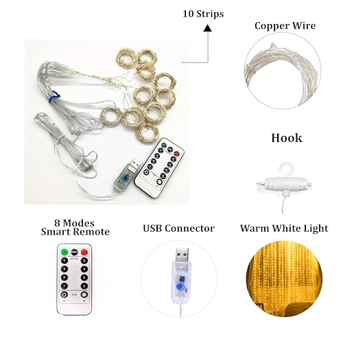 fizzytech Plastic Fairy Curtain String Lights for Wall Decoration, Warm White USB Powered 300 LED's, 8 Flashing Modes, Window Backdrop Strip Lights for Bedroom, Party, Diwali, Christmas - 3x3 Meter - Image 3