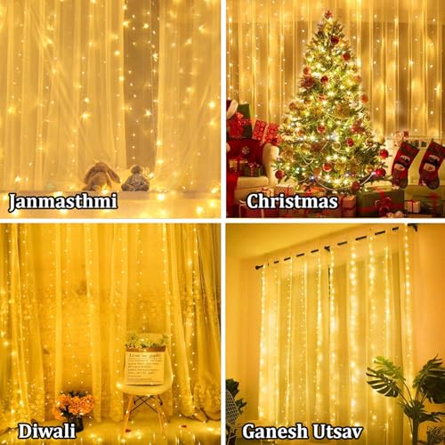 fizzytech Plastic Fairy Curtain String Lights for Wall Decoration, Warm White USB Powered 300 LED's, 8 Flashing Modes, Window Backdrop Strip Lights for Bedroom, Party, Diwali, Christmas - 3x3 Meter - Image 5