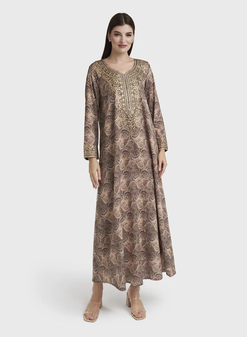 كشخة Chocolate Abstract Print Cotton Satin Stonework Jalabiya (VW274)