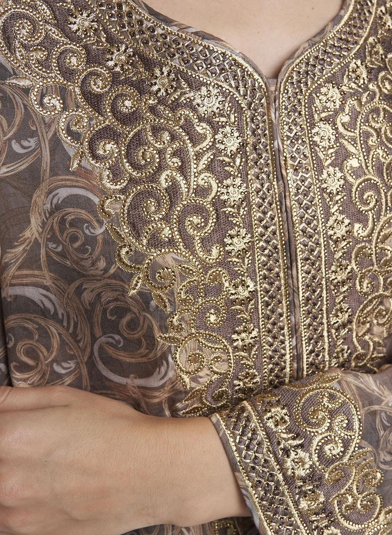 Kashkha  Chocolate Abstract Print Cotton Satin Stonework Jalabiya (VW274) for Women | Best Price UAE