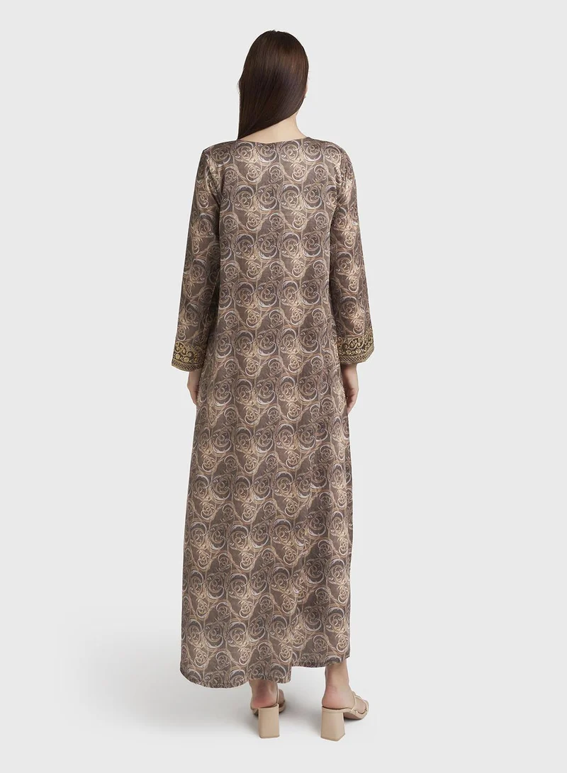 Kashkha  Chocolate Abstract Print Cotton Satin Stonework Jalabiya (VW274) for Women | Best Price UAE