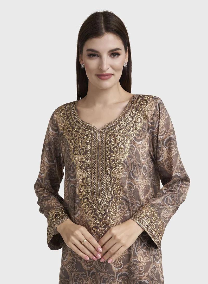 كشخة Chocolate Abstract Print Cotton Satin Stonework Jalabiya (VW274)