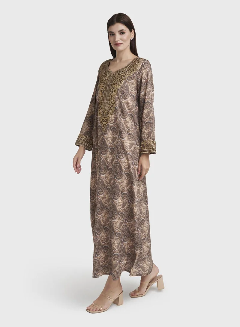 Kashkha  Chocolate Abstract Print Cotton Satin Stonework Jalabiya (VW274) for Women | Best Price UAE