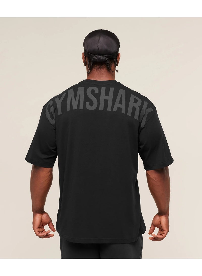 Gymshark Power T-Shirt, Men Heavyweight Oversized Gym Tshirt, Back Graphic Workout Lifting Training Top (Black/Black) - Image 1