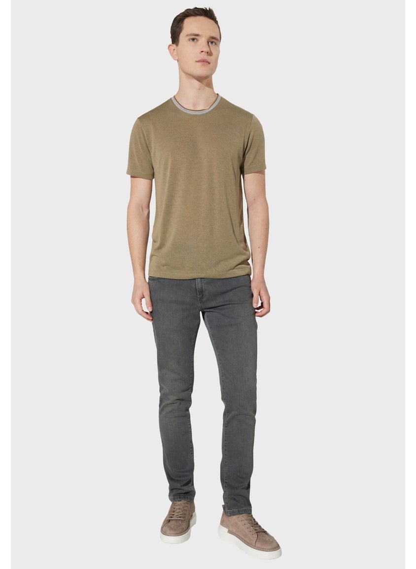 AC&Co / Altınyıldız Classics - Men's Khaki Slim Fit Narrow Cut Crew Neck Linen Look T-Shirt - Image 1