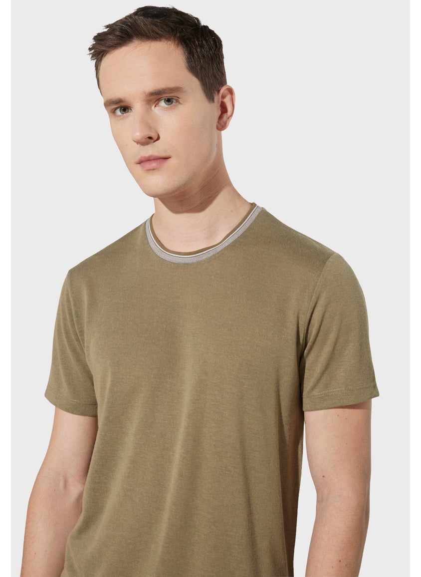 AC&Co / Altınyıldız Classics - Men's Khaki Slim Fit Narrow Cut Crew Neck Linen Look T-Shirt - Image 1