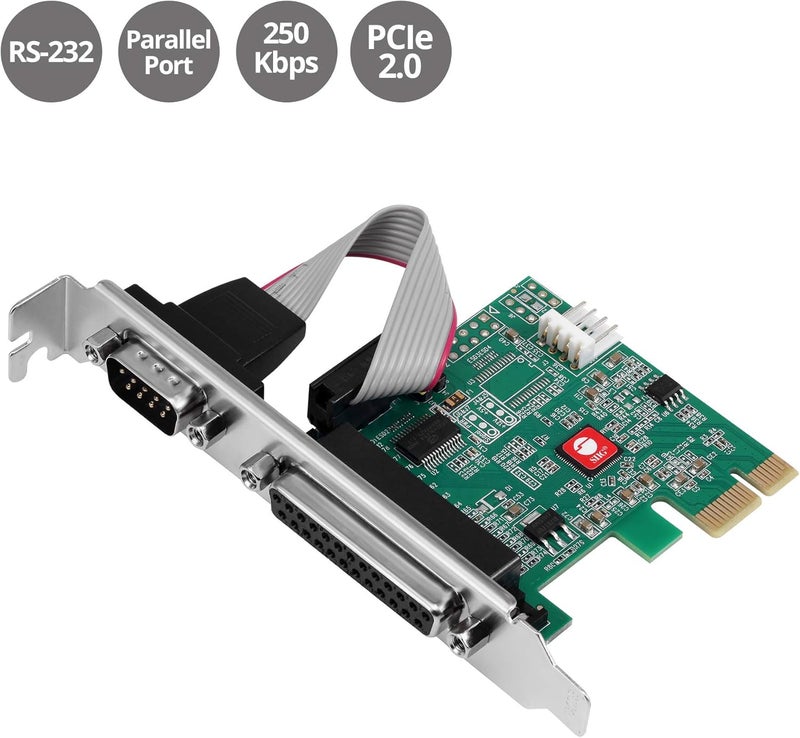 SIIG Single Serial Port/RS-232 and Single Parallel Port PCIe Card Compatible with 16C550 UART (JJ-E20311-S1) - Image 2