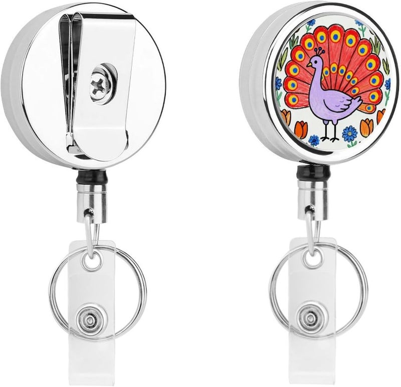 Rainbow Feathers and Flower Clusters Badge Clip Steel Retractable Badge Reel, Id Card Holder with Reel, Rustproof Work Id Clip for Work, Nurse, Teacher & Office Staff Id Badge Fastener - Image 1