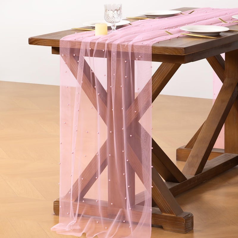 Socomi Pearl Table Runner Tulle Pink Spring Easter Cheesecloth 10FT Gauze Dining Wedding Birthday Party Baby Shower Anniversary Holiday Centerpiece Table Decor - Image 4