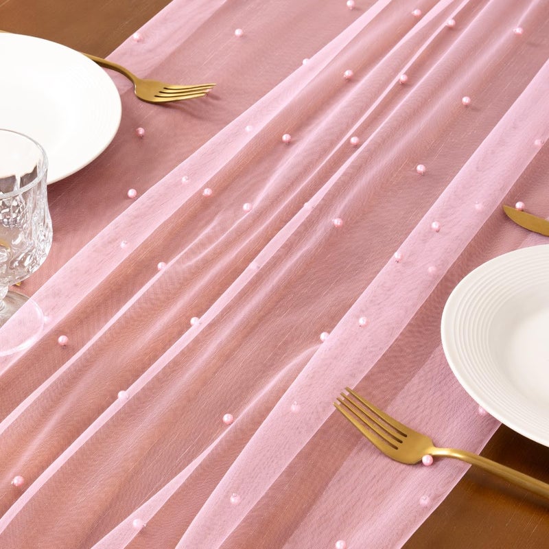 Socomi Pearl Table Runner Tulle Pink Spring Easter Cheesecloth 10FT Gauze Dining Wedding Birthday Party Baby Shower Anniversary Holiday Centerpiece Table Decor - Image 5