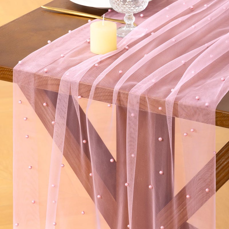 Socomi Pearl Table Runner Tulle Pink Spring Easter Cheesecloth 10FT Gauze Dining Wedding Birthday Party Baby Shower Anniversary Holiday Centerpiece Table Decor - Image 1