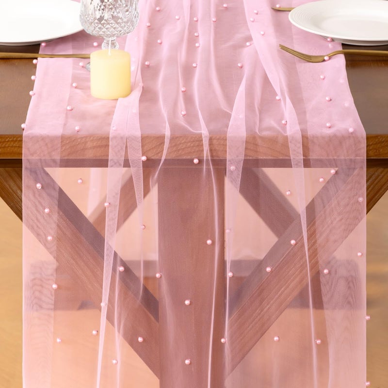 Socomi Pearl Table Runner Tulle Pink Spring Easter Cheesecloth 10FT Gauze Dining Wedding Birthday Party Baby Shower Anniversary Holiday Centerpiece Table Decor - Image 2