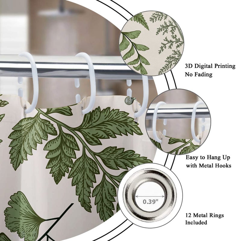 ريديكور رييديكور حكيم أوراق سرخس أخضر الستائر دش للدش لديكور الحمام 60wx72h الريفية الأوكالبتوس النبات الطبيعي المزرعة الأزهار النباتية النباتية النباتية المطبوعة بوليستر مقاوم للماء 12 حزمة البلاستيك السنانير - Image 5