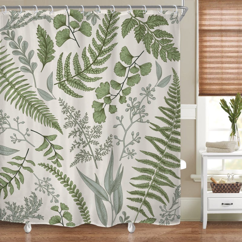 ريديكور رييديكور حكيم أوراق سرخس أخضر الستائر دش للدش لديكور الحمام 60wx72h الريفية الأوكالبتوس النبات الطبيعي المزرعة الأزهار النباتية النباتية النباتية المطبوعة بوليستر مقاوم للماء 12 حزمة البلاستيك السنانير - Image 1