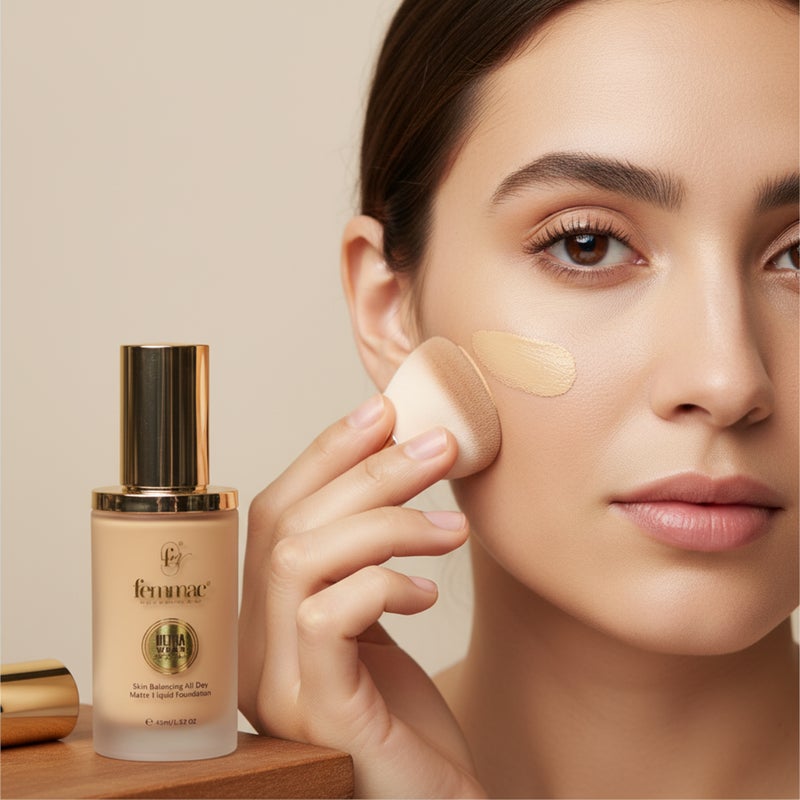FEMMAC Ultra Wear Matte Liquid Foundation – Long Lasting Full Coverage, Oil Control, Smooth Finish, Hydrating Formula with UV Filters & Jojoba Oil - Image 2