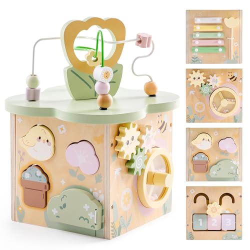 ROBUD Wooden Activity Cube Educational Wooden Toys with 7 Functional Areas Montessori Toys for 1 Year Old Boys Girls Flower Bush Theme - Image 1