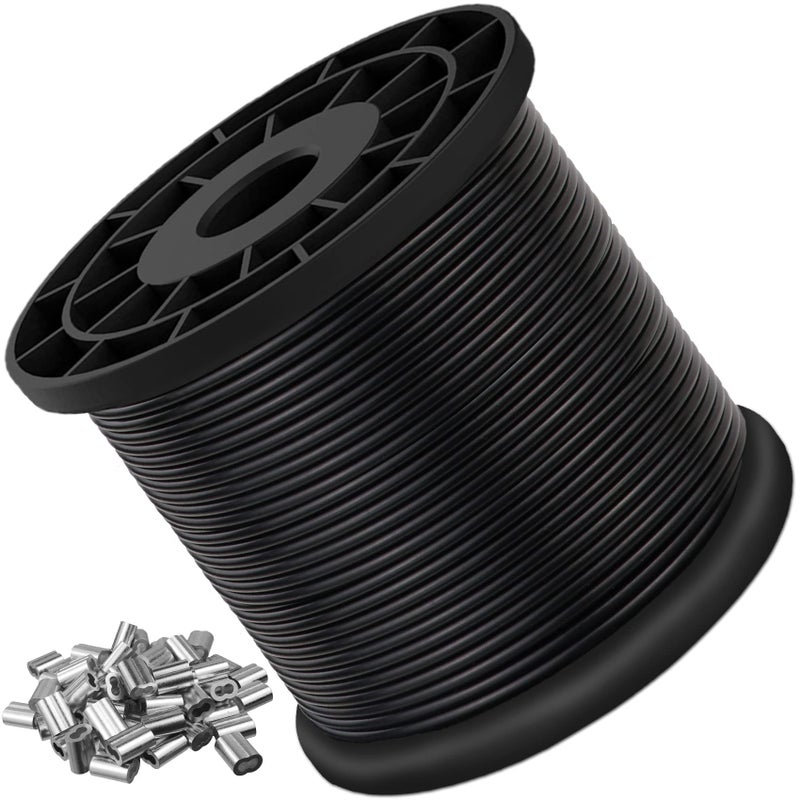 Flngr Vinyl Coated Wire Rope 304 Stainless Steel Coated Wire Cable-Black, 1/16" OD to 3/32" x 200FT, with 60 Pcs Crimping Sleeves-Cable for String Lights, Suitable for Clotheslines - Image 1