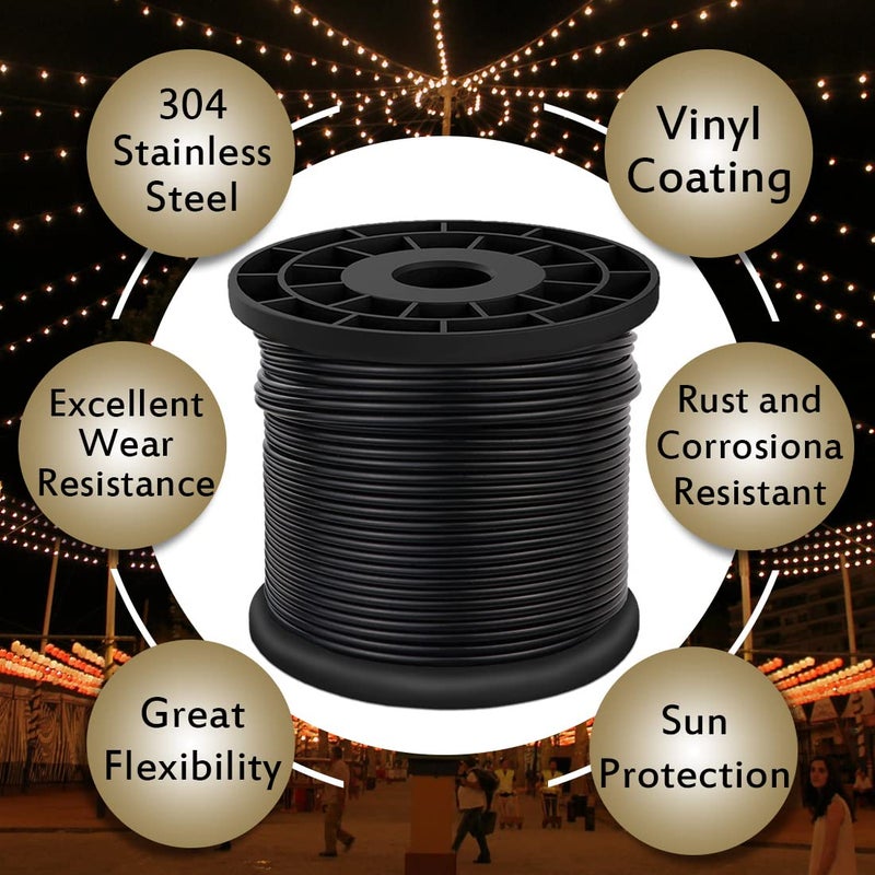 Flngr Vinyl Coated Wire Rope 304 Stainless Steel Coated Wire Cable-Black, 1/16" OD to 3/32" x 200FT, with 60 Pcs Crimping Sleeves-Cable for String Lights, Suitable for Clotheslines - Image 5