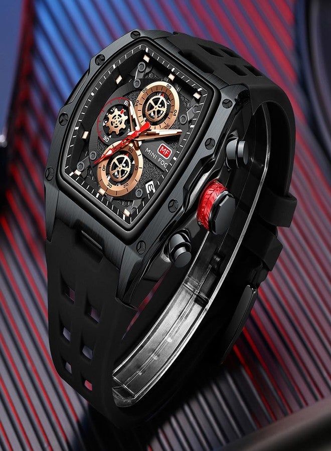 MF MINI FOCUS Men Watch Unique Tonneau Casual Wrist Watches (Chronograph/Waterproof/Luminous/Calendar) Silicon Band Fashion Watch for Men (All_Black)) - Image 2