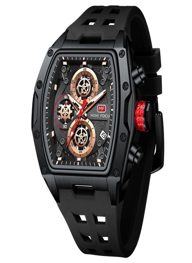MF MINI FOCUS Men Watch Unique Tonneau Casual Wrist Watches (Chronograph/Waterproof/Luminous/Calendar) Silicon Band Fashion Watch for Men (All_Black)) - Image 1