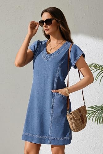 Pink Queen Womens Denim Dress Spring Summer V Neck Casual Jean Denim Mini Dresses for Women with Pockets Beach Cover-up Blue M - Image 5