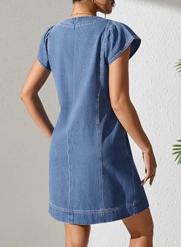 Pink Queen Womens Denim Dress Spring Summer V Neck Casual Jean Denim Mini Dresses for Women with Pockets Beach Cover-up Blue M - Image 4