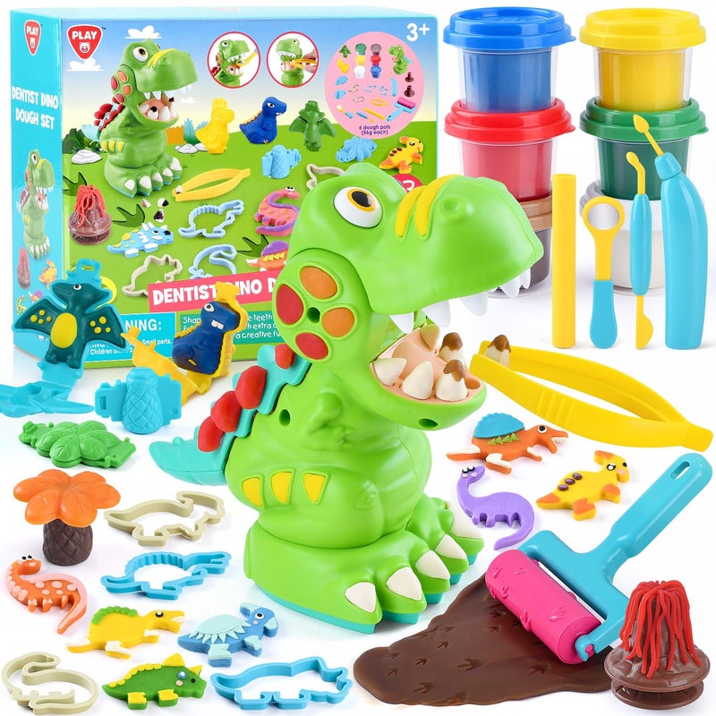 PLAY Dinosaur Clay Sets for Ages Kids 48  Color Dough Toys with Dentist Play Set 15 Dough Tool Set with Volcano Dinosaur Footprint Roller and Tree 2 oz Cans6 Total Multicolor