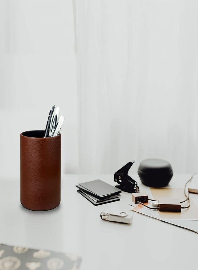 Fosinz Dark Brown Pen Holder, Leather Pencil Holder, Simple Desktop pen cup, Elegant pen holder for desk, Stationery Organizer for Office School Home Dorm (Brown) - Image 3