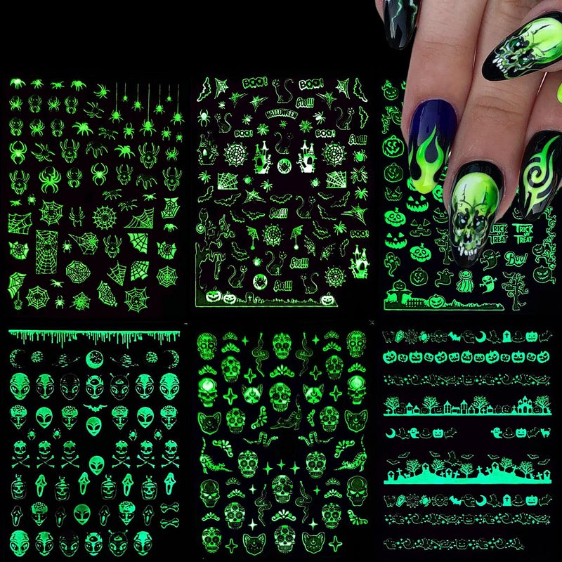 Halloween Nail Art Stickers Luminous Nail Design Glow in The Dark Nail Decals Day of The Dead Skull Witch Pumpkin Ghost Gross Spider Bat Nail Sticker for Holiday Women Manicure Decoration6 Sheets