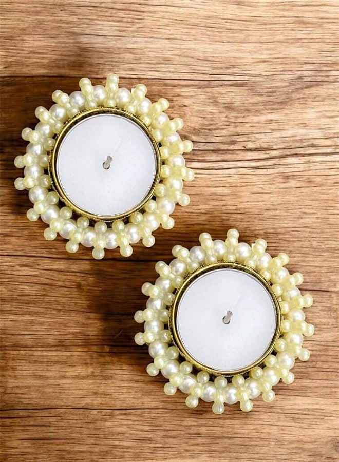 Smaran Decorative Pearl Tealight Candles & with Wax Candle, Elegant Beaded Votive Holders for Diwali, Wedding, Festive & Home Décor, Reusable Handcrafted Candle Decoration Gift - Set of 2 - Image 2