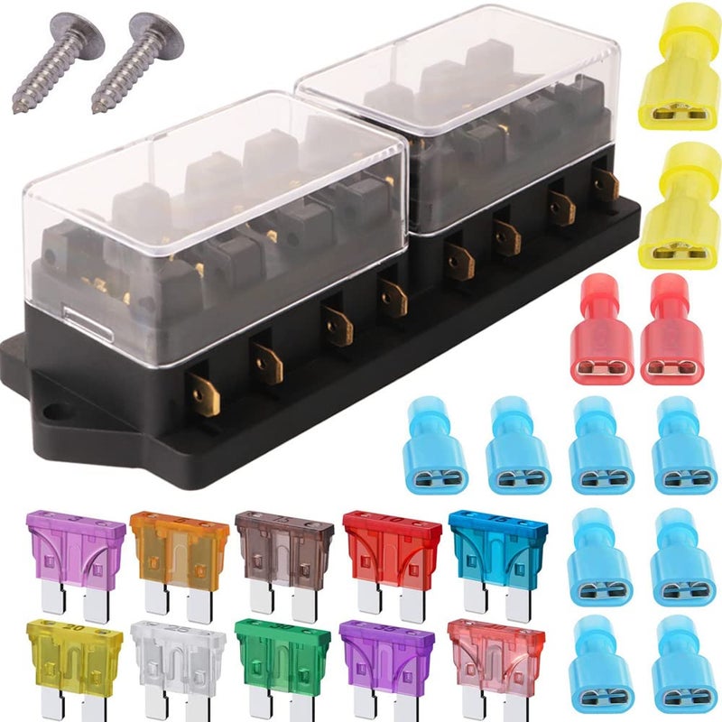 Gebildet 8 Way Car Standard Blade Fuse Holder Box Apply to 140 AMP with 10pcs Blade Fuse 3A5A75A10A15A20A25A30A35A40A and 16pcs Terminals for CarBoatMarineTrike