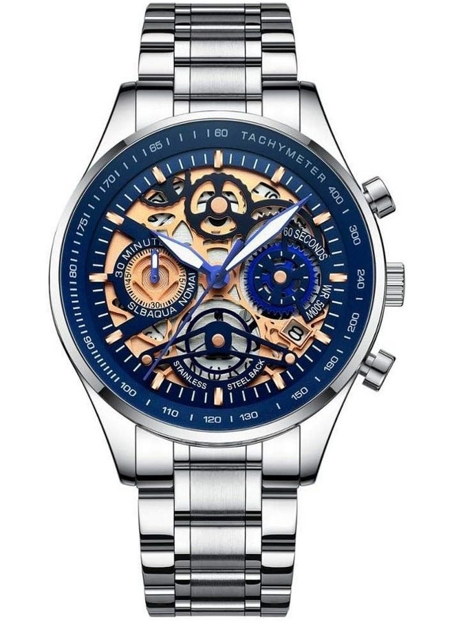 NIBOSI Hollow Skeleton Multifunction Blue Dial and Silver Band Chronograph Calendar Men's Stainless Steel Watch - pzsku/Z94C65BB6086BAE002DBCZ/45/_/1738306379/a8d052c5-9a4e-4dcc-92d3-5d2c771b5cb7