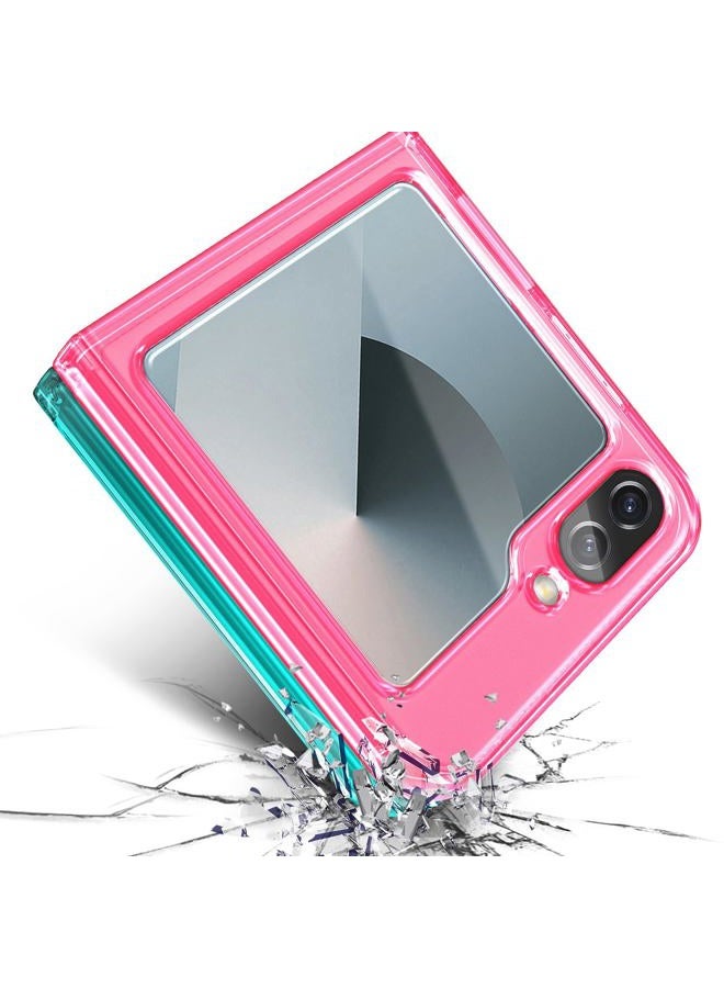 WDHD Designed for Samsung Galaxy Z Flip 6 Case, Glitter Floating Liquid Cute Phone Case with [Screen Protector Tempered Glass][Camera Lens Protector][Diamond Wrist Strap Lanyard] Pink/Aqua - Image 5