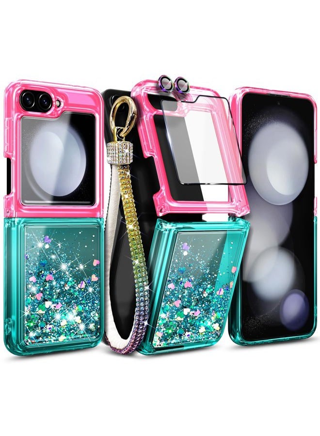 WDHD Designed for Samsung Galaxy Z Flip 6 Case, Glitter Floating Liquid Cute Phone Case with [Screen Protector Tempered Glass][Camera Lens Protector][Diamond Wrist Strap Lanyard] Pink/Aqua - Image 1