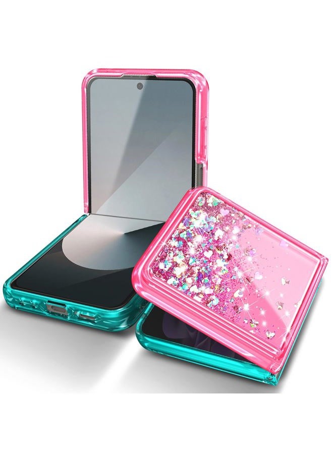WDHD Designed for Samsung Galaxy Z Flip 6 Case, Glitter Floating Liquid Cute Phone Case with [Screen Protector Tempered Glass][Camera Lens Protector][Diamond Wrist Strap Lanyard] Pink/Aqua - Image 4
