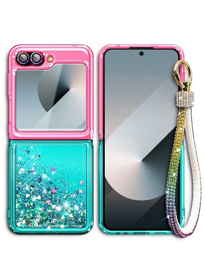 WDHD Designed for Samsung Galaxy Z Flip 6 Case, Glitter Floating Liquid Cute Phone Case with [Screen Protector Tempered Glass][Camera Lens Protector][Diamond Wrist Strap Lanyard] Pink/Aqua - Image 3