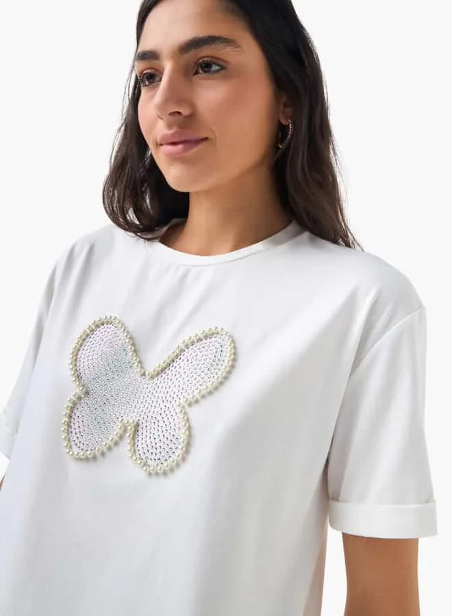 2Xtremz 2Xtremz Butterfly Embellished T-shirt with Short Sleeves