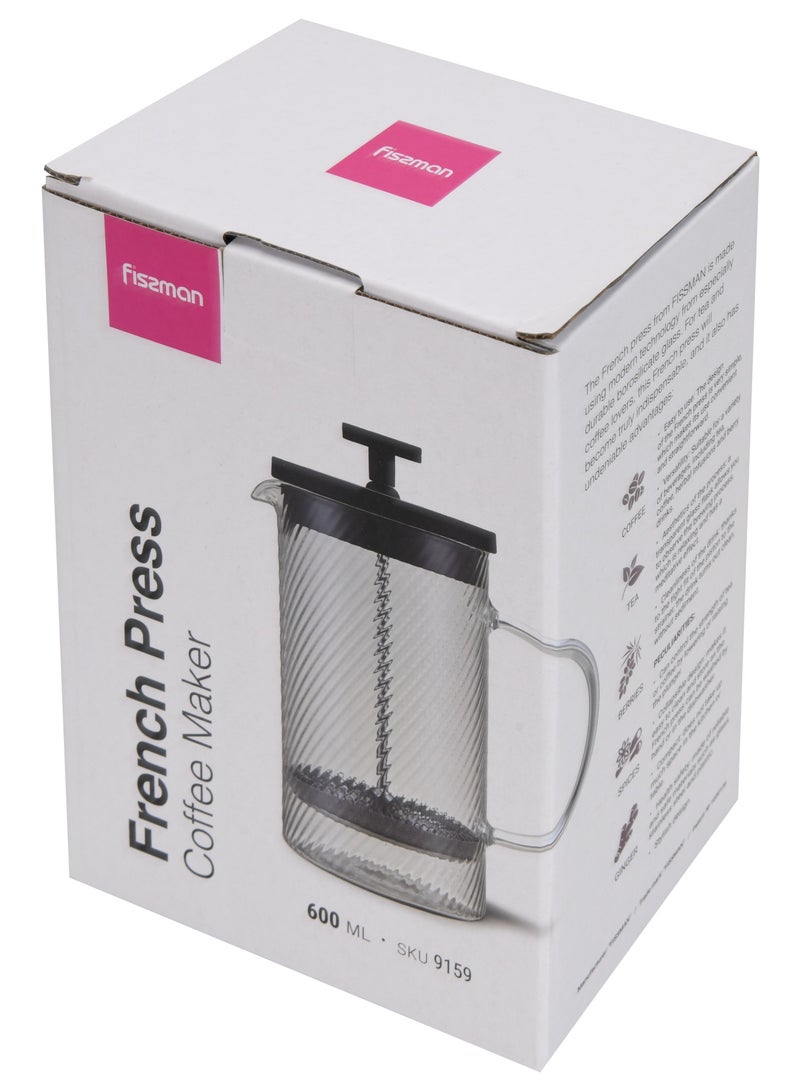 Fissman صانعة القهوة والشاي بضغط فرنسي 600 مل، زجاج بوروسيليكات سميك مقاوم للحرارة، مكبس قهوة وشاي من الفولاذ المقاوم للصدأ، قهوة باردة وساخنة، تصميم زجاجي مزخرف - Image 5
