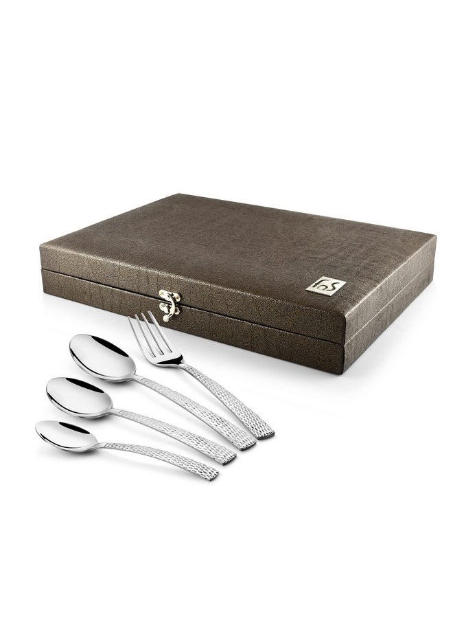 FNS FnS Madrid Cutlery Set Hammer Finish on Handle with Leatherette Packaging (6 Dinner Spoon, 6 Dinner Fork, 6 Teaspoon, 6 Baby Spoons)  - Image 2