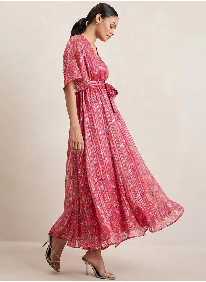 فيميلا Textured Floral Print Wrap Maxi Dress with Waist Tie Up