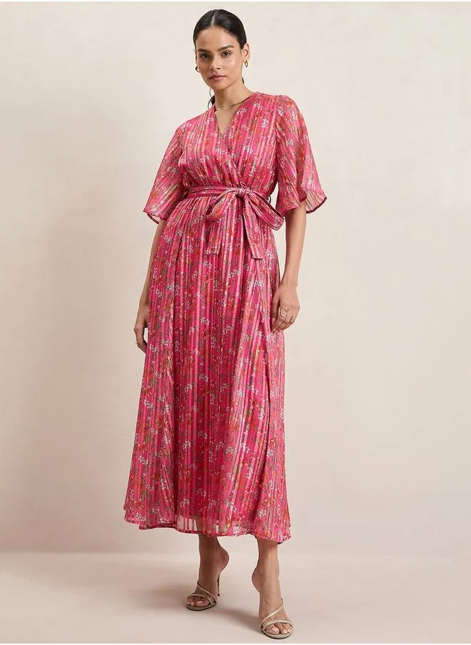 فيميلا Textured Floral Print Wrap Maxi Dress with Waist Tie Up