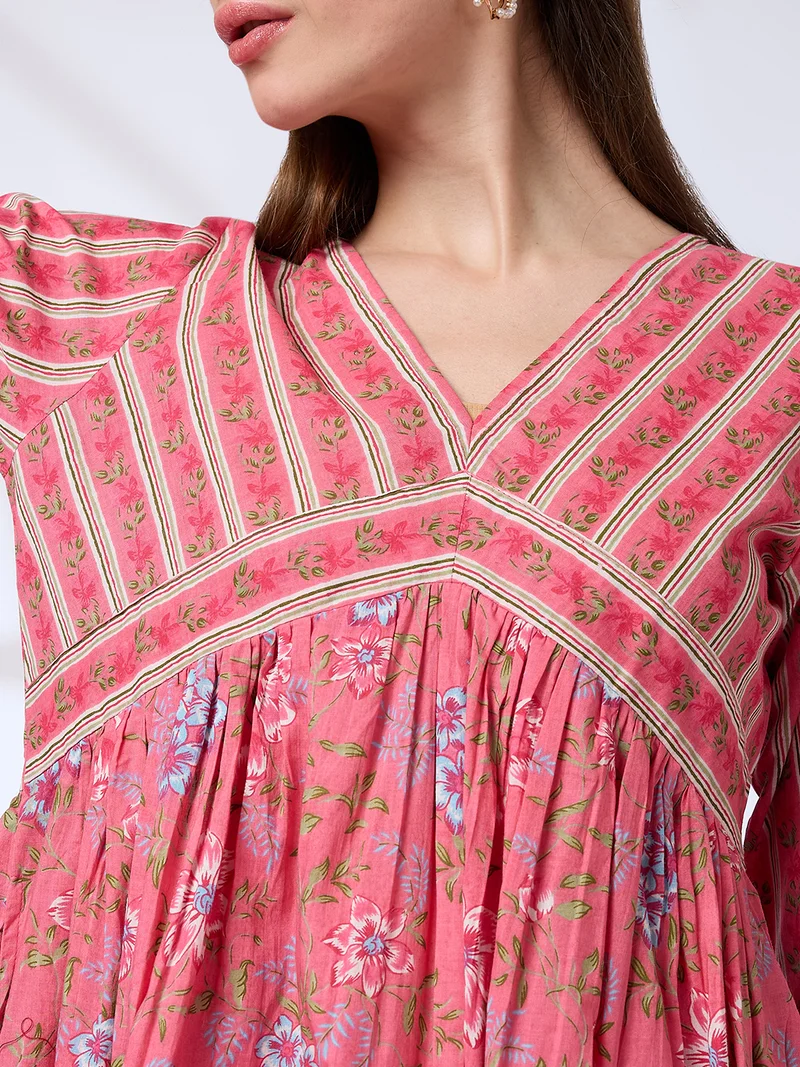 globus Women V-Neck Floral Print Pleated Alia Cut A-Line Kurta With Pants Workwear Set