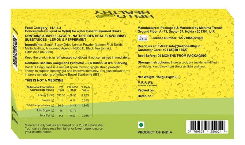 Hello Healthy Probiotic Lemon Iced Tea | Pack Of 20 Sachet (15g Each) | Summer Drink | Powder Instant Ice Tea | Ready to Drink | Refreshing iced tea | No Artificial Ingredients - Image 2