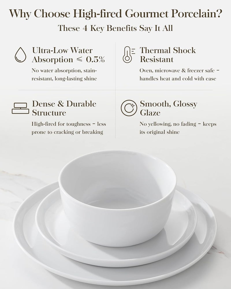 MALACASA 12 Pieces Gourmet Porcelain Dinnerware Sets, Premium Plates and Bowls Set, High-Fired Ceramic Dishes Set for 4, Chip & Scratch Resistant, Microwave Dishwasher Safe, White, Series LEXI - Image 5